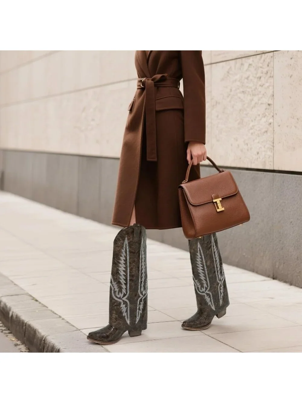 Women's Brown 1 Pointed Toe Wedge Heel Side Zipper Knee High Shark Boots